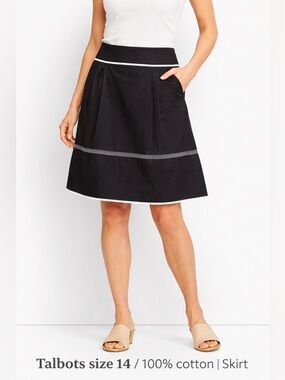 Talbots Black A-Line 100%cotton Skirt with White Trim - Size 14